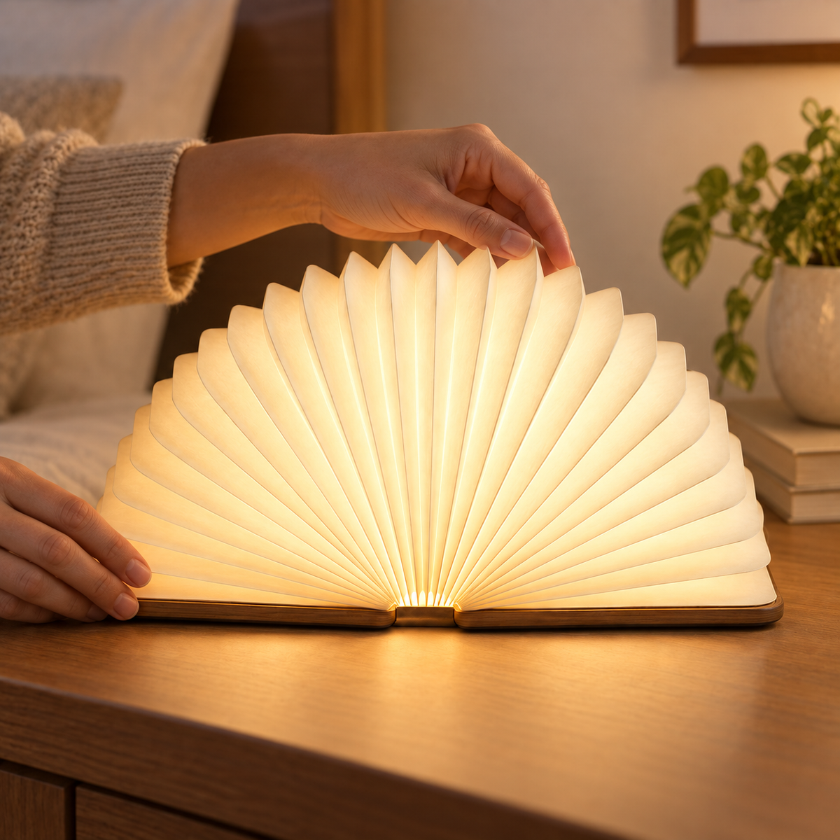 Foldable Fan Lamp with Wooden Base – Decorative Ambient Light with a Modern Book-Inspired Design