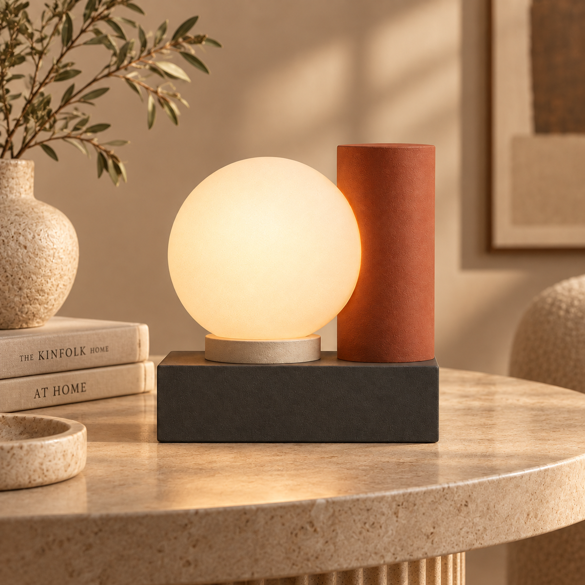 Modern LED Table Lamp with Glowing Orb – Geometric Ambient Light in Warm Natural Tones