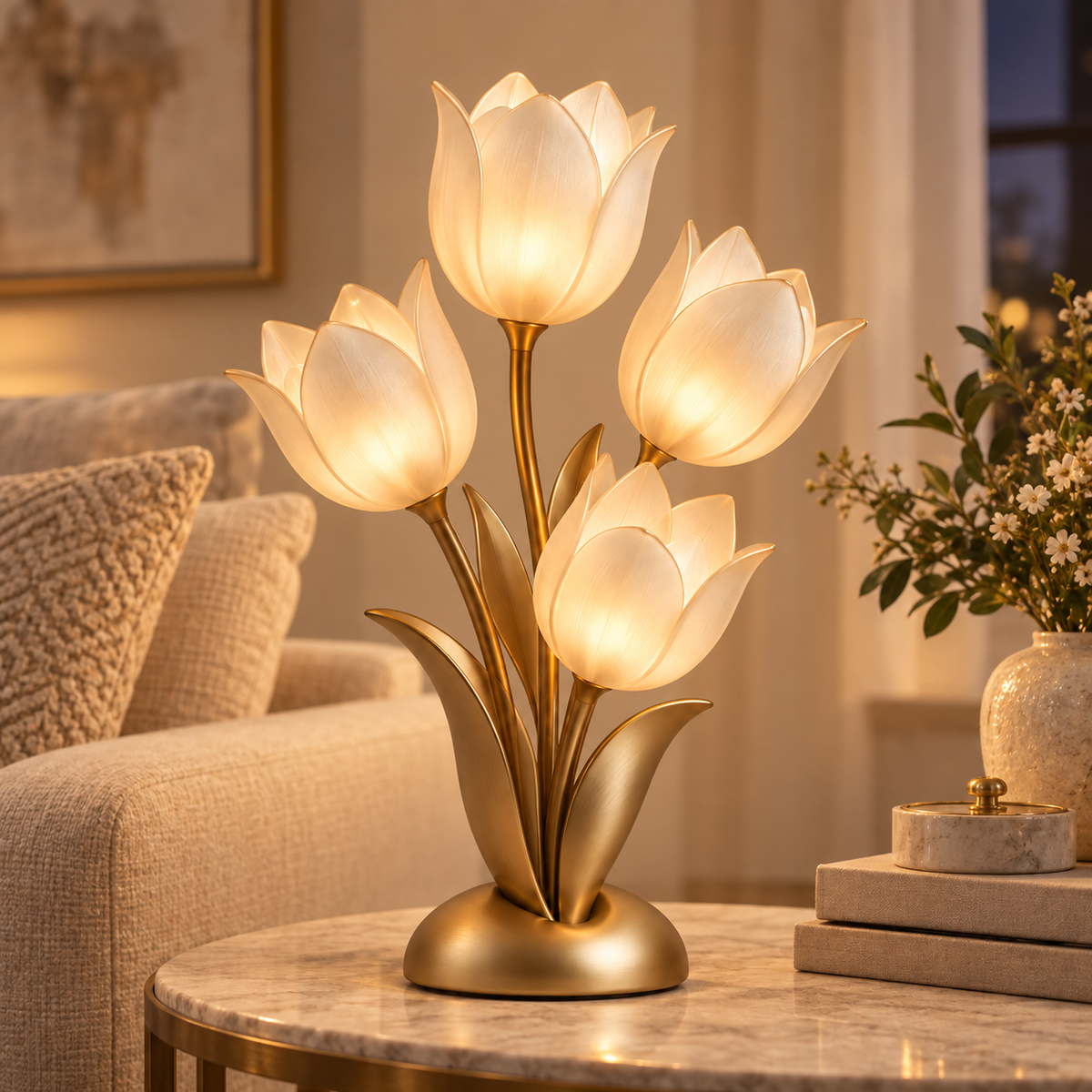 Decorative Gold-Tone LED Tulip Table Lamp – Floral Ambient Light with Four Glowing Blooms