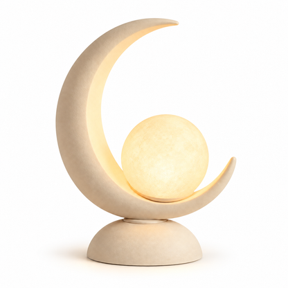 Moon-Shaped LED Table Lamp with Glowing Orb – Decorative Night Light with Warm Ambient Glow