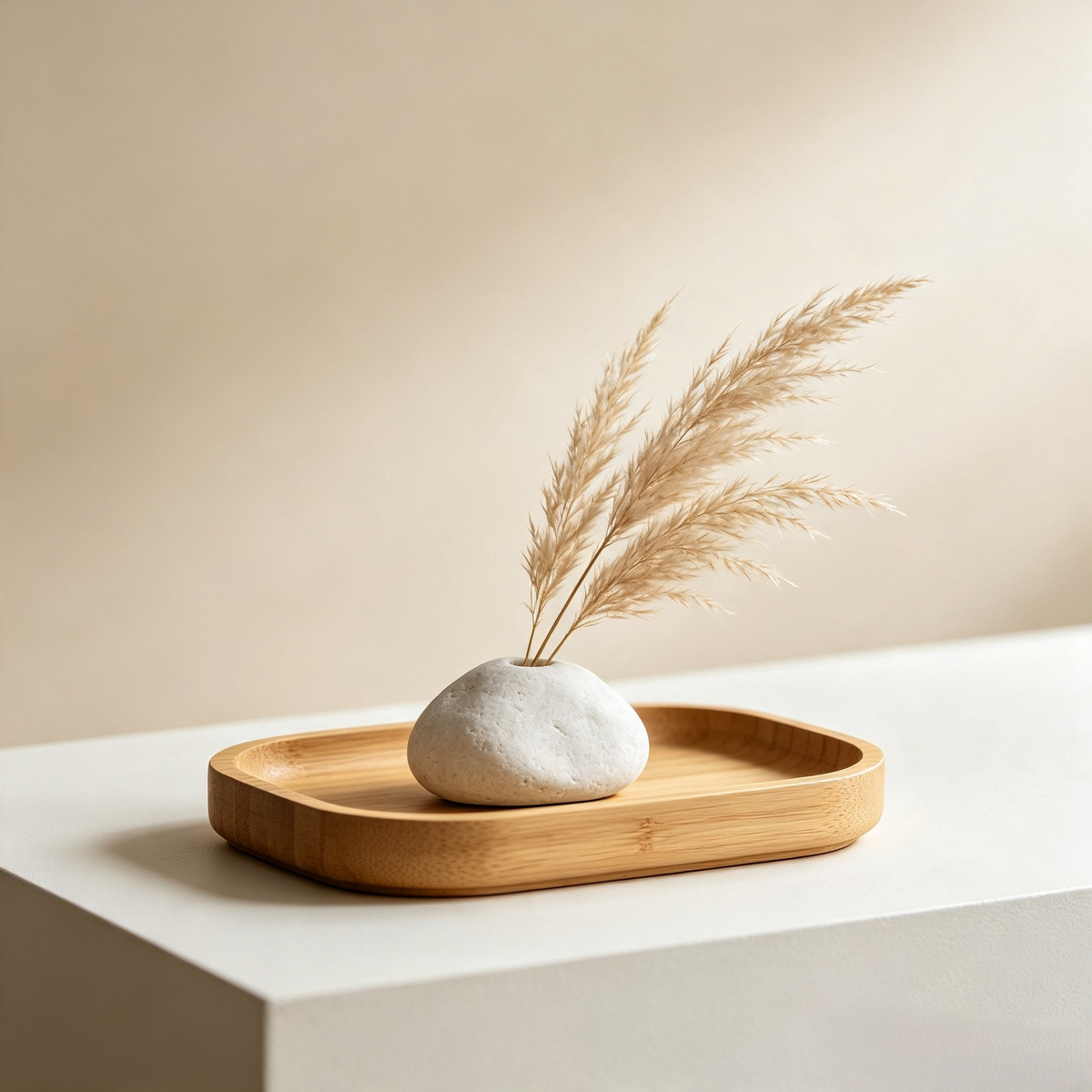 Minimalist Pebble-Inspired Ceramic Vase with Bamboo Tray