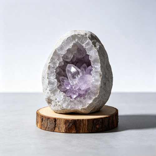 Purple Geode-Style Decorative Ornament with Wood Base