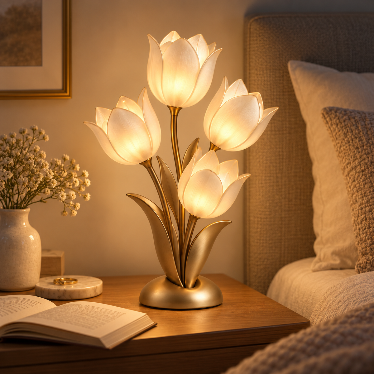 Decorative Gold-Tone LED Tulip Table Lamp – Floral Ambient Light with Four Glowing Blooms