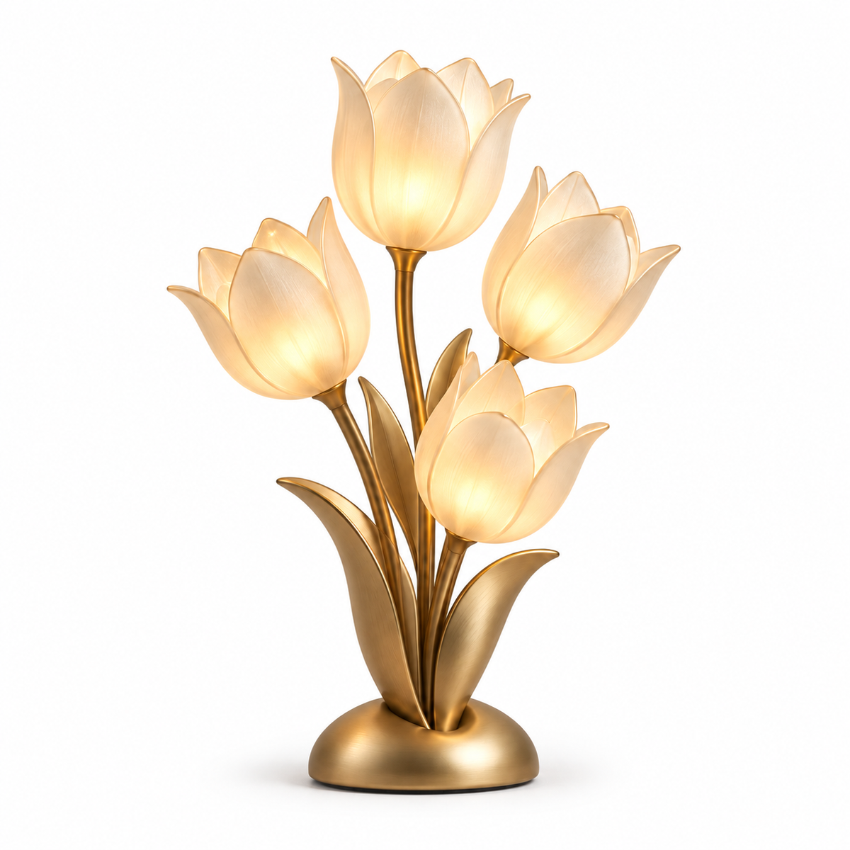 Decorative Gold-Tone LED Tulip Table Lamp – Floral Ambient Light with Four Glowing Blooms