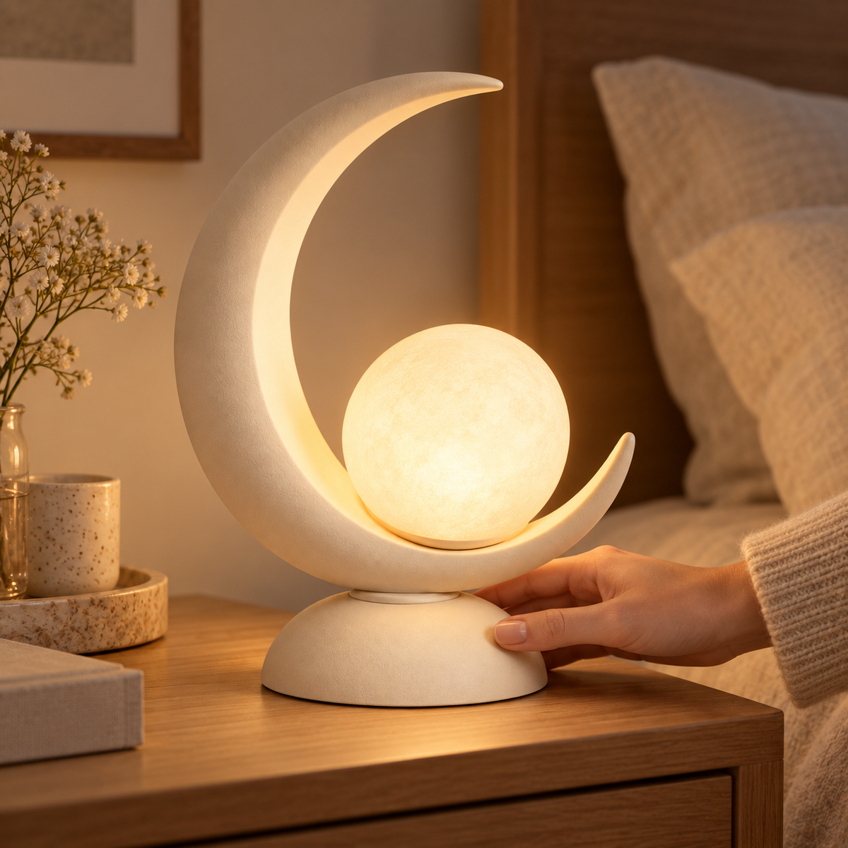 Moon-Shaped LED Table Lamp with Glowing Orb – Decorative Night Light with Warm Ambient Glow