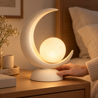 Moon-Shaped LED Table Lamp with Glowing Orb – Decorative Night Light with Warm Ambient Glow