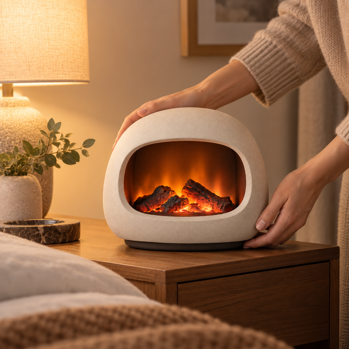 Decorative Cream White LED Fireplace Lamp – Modern Ambient Light with a Cozy Flame Effect