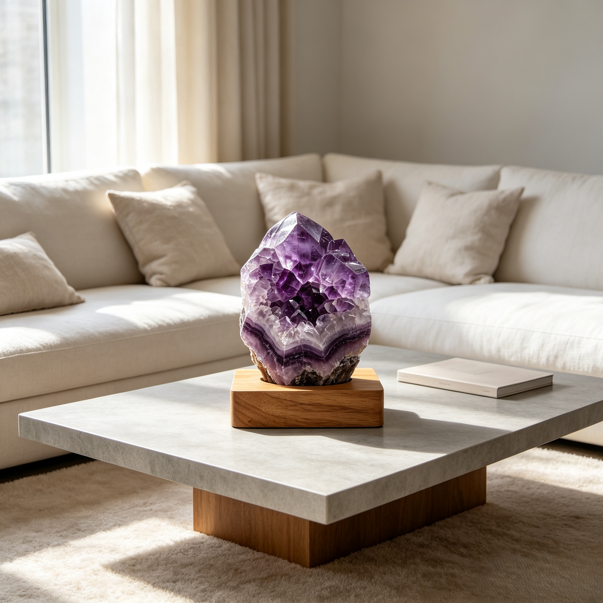 Purple Crystal-Effect Cluster Ornament with Wooden Base