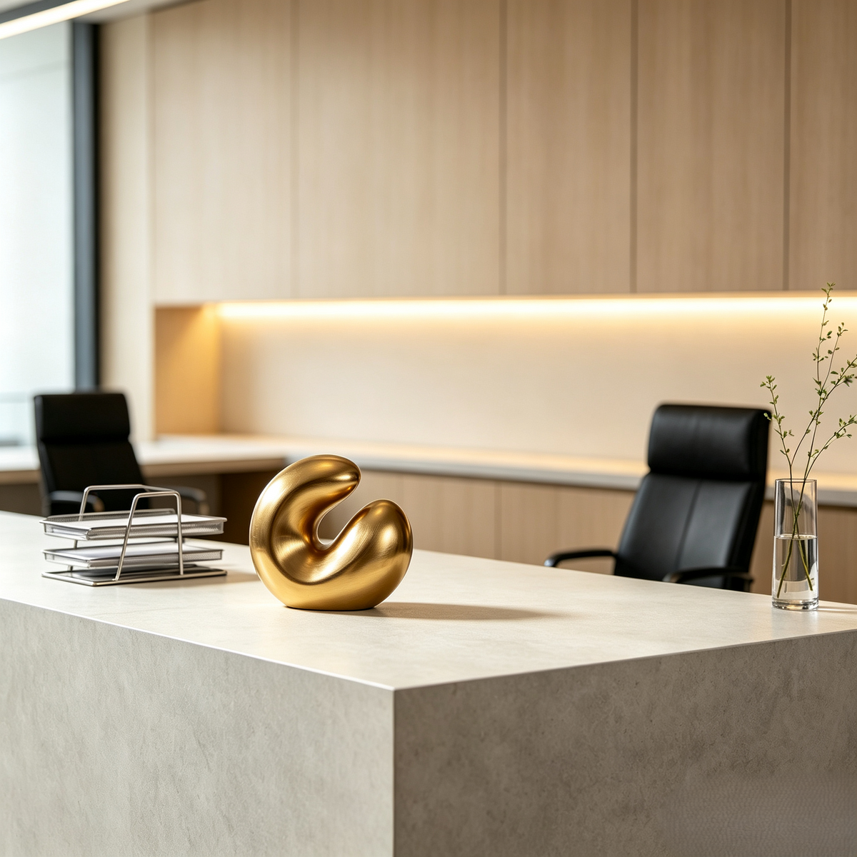 Minimalist Abstract Gold-Tone Curve Sculpture