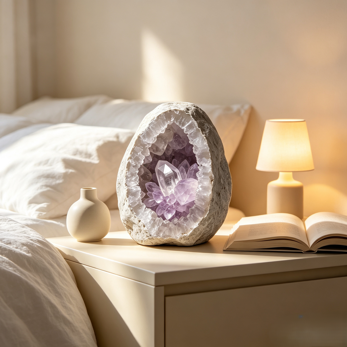 Purple Geode-Style Decorative Ornament with Wood Base