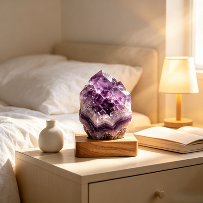 Purple Crystal-Effect Cluster Ornament with Wooden Base
