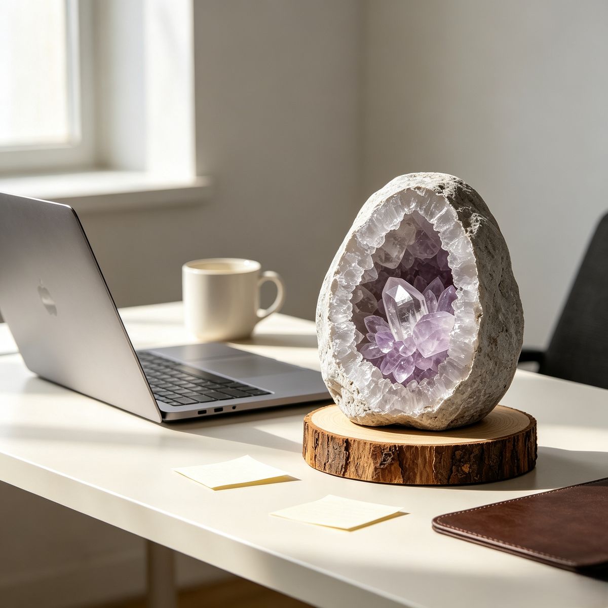 Purple Geode-Style Decorative Ornament with Wood Base
