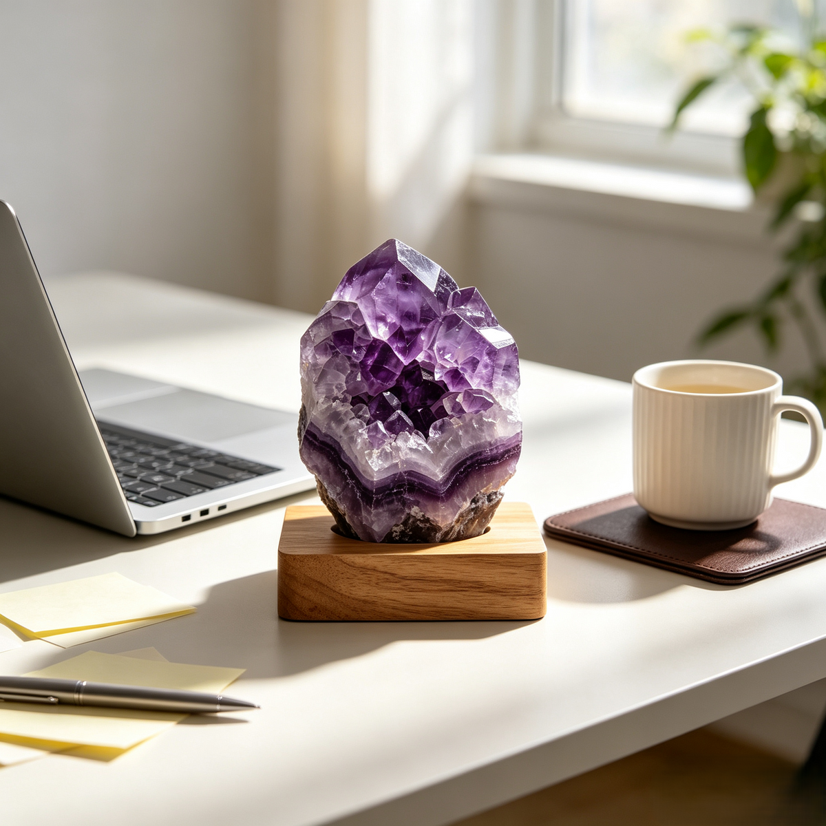 Purple Crystal-Effect Cluster Ornament with Wooden Base