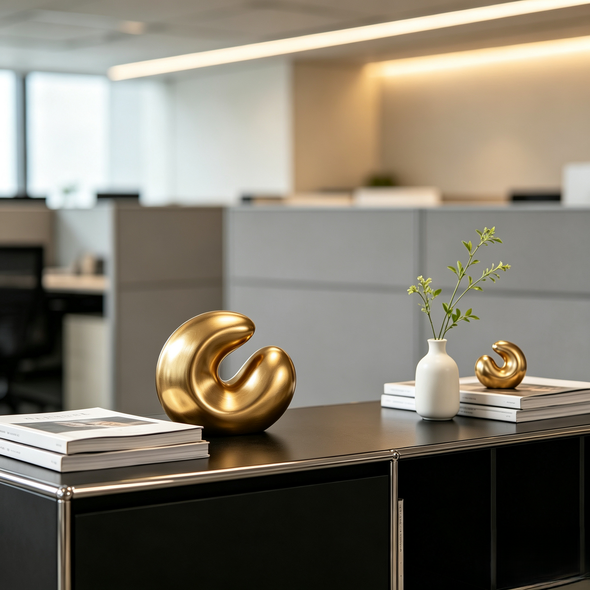 Minimalist Abstract Gold-Tone Curve Sculpture