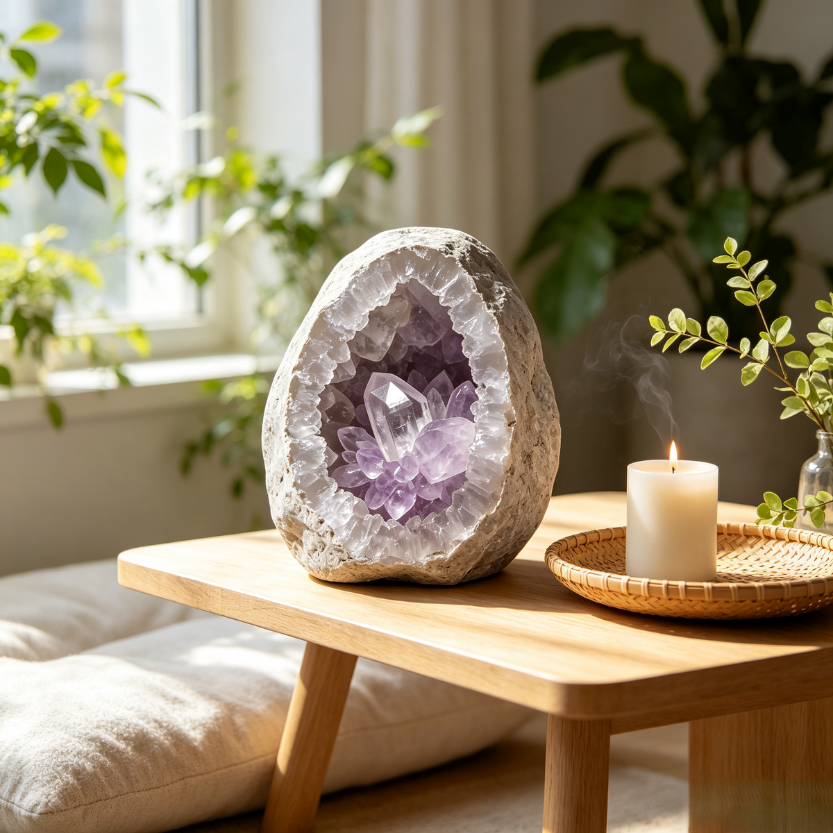 Purple Geode-Style Decorative Ornament with Wood Base