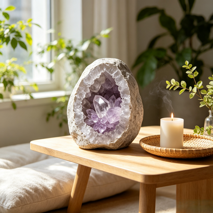 Purple Geode-Style Decorative Ornament with Wood Base