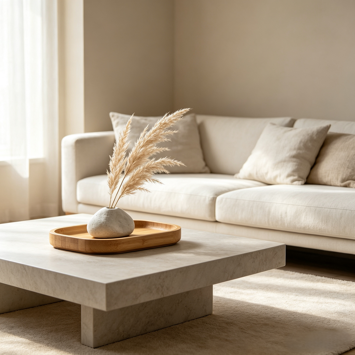 Minimalist Pebble-Inspired Ceramic Vase with Bamboo Tray