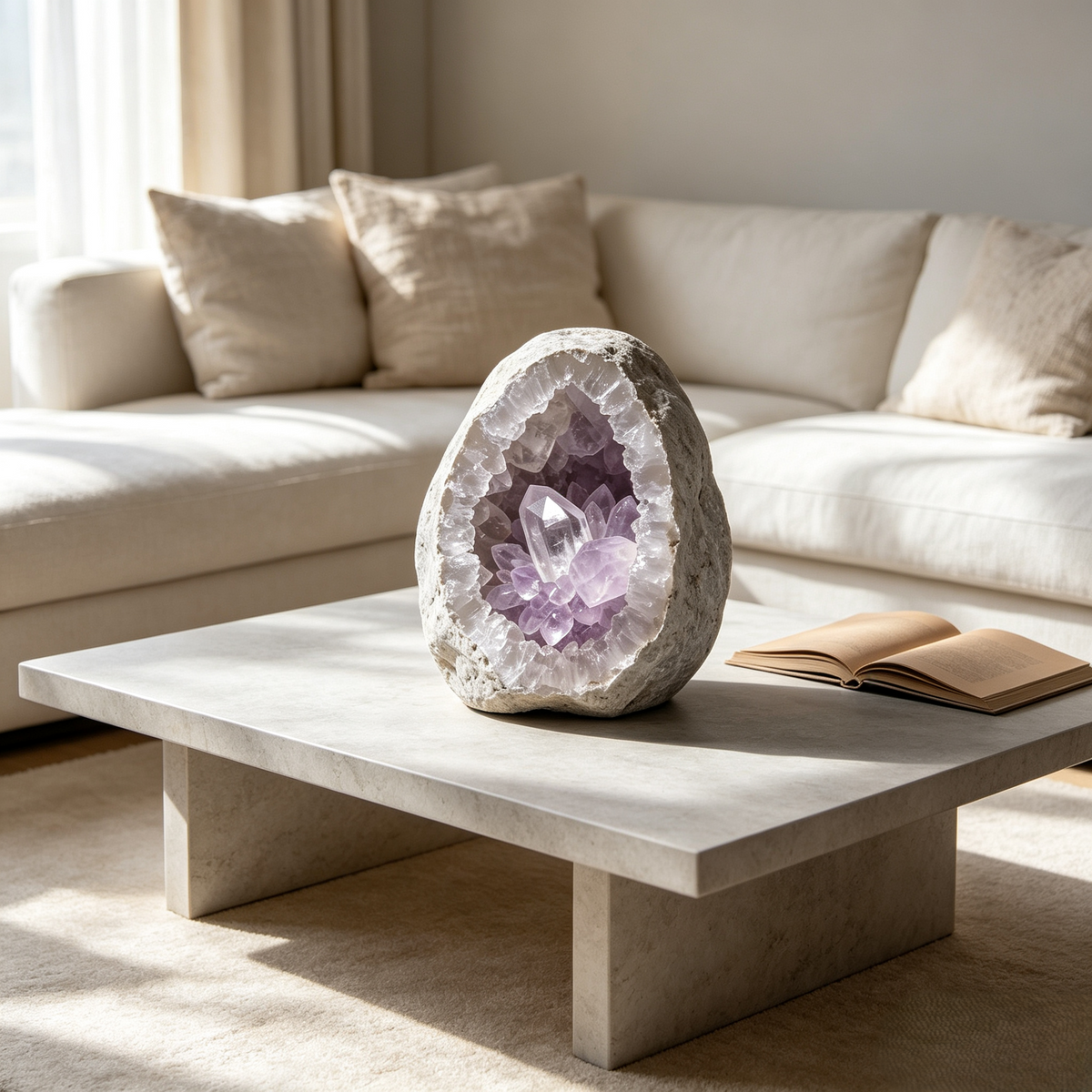 Purple Geode-Style Decorative Ornament with Wood Base