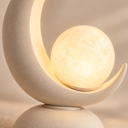 Moon-Shaped LED Table Lamp with Glowing Orb – Decorative Night Light with Warm Ambient Glow