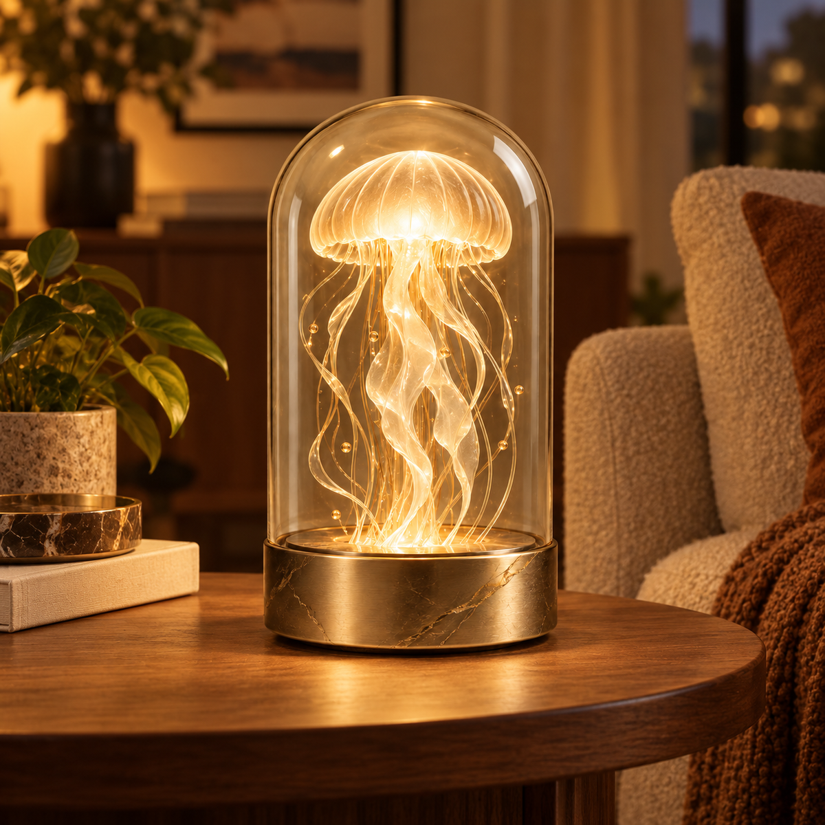 Decorative Jellyfish Lamp Under Glass – Elegant Ambient Light with a Warm Glow for Living Rooms and Bedrooms