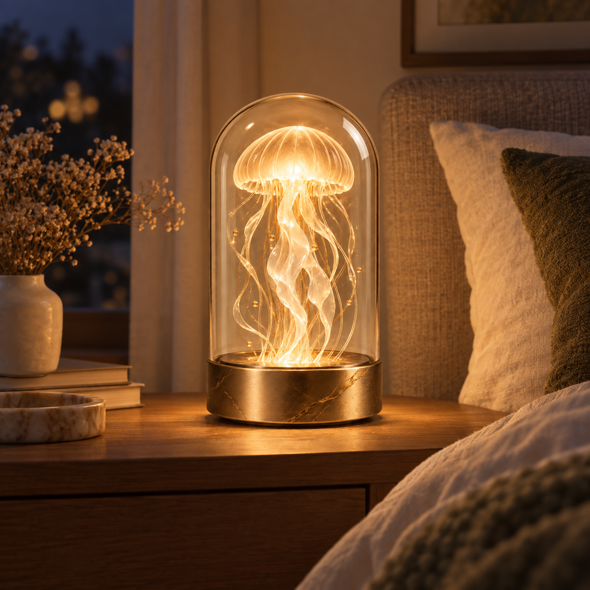 Decorative Jellyfish Lamp Under Glass – Elegant Ambient Light with a Warm Glow for Living Rooms and Bedrooms