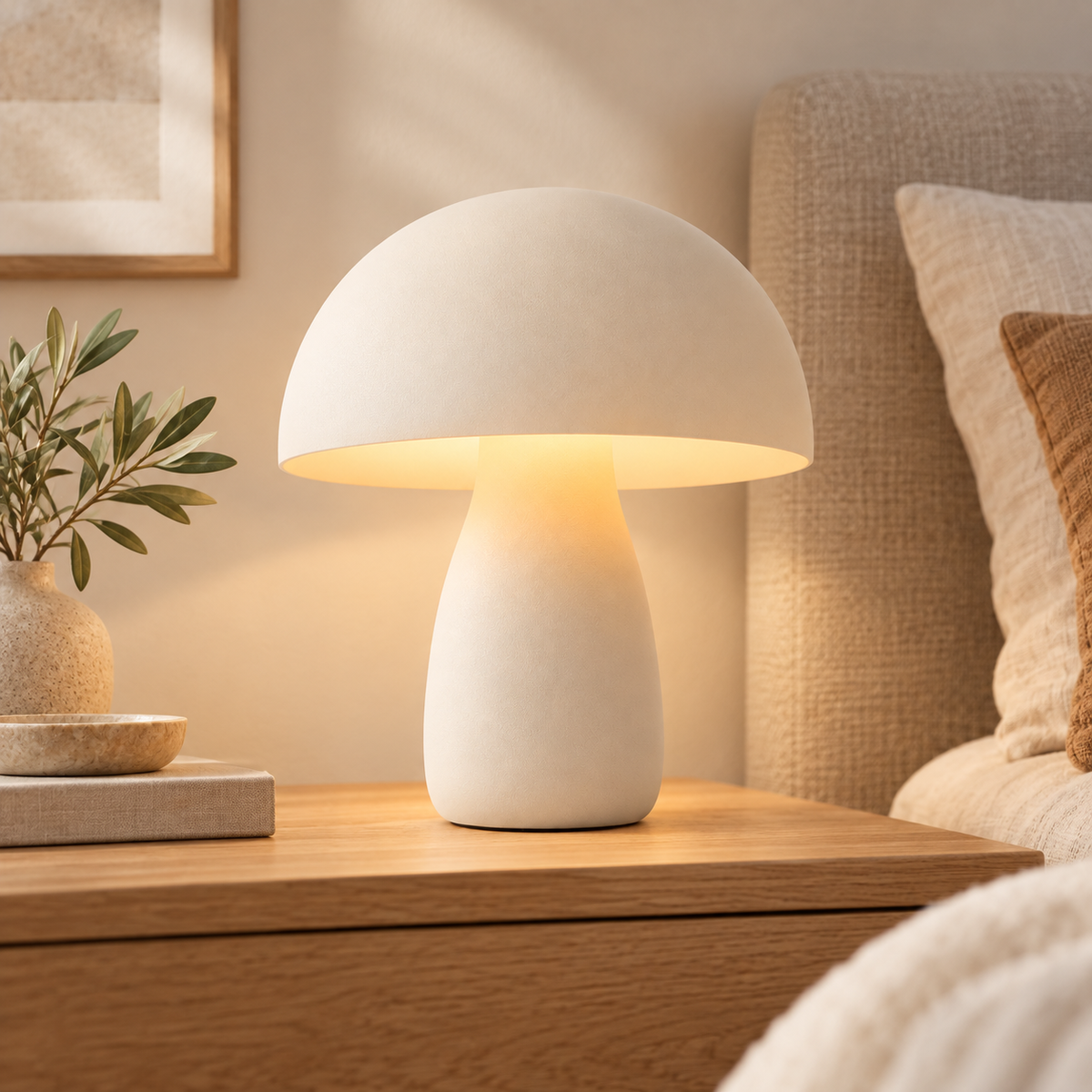 Cream White Mushroom-Shaped LED Table Lamp – Minimalist Night Light with Warm Ambient Glow