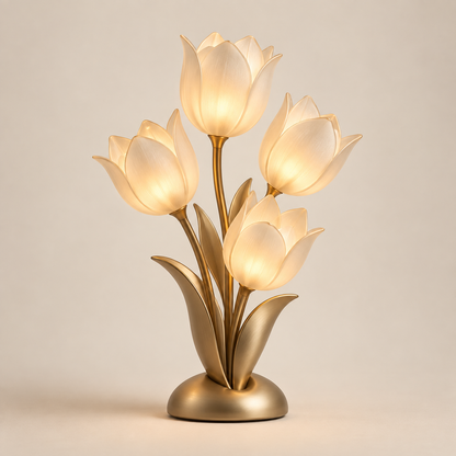 Decorative Gold-Tone LED Tulip Table Lamp – Floral Ambient Light with Four Glowing Blooms