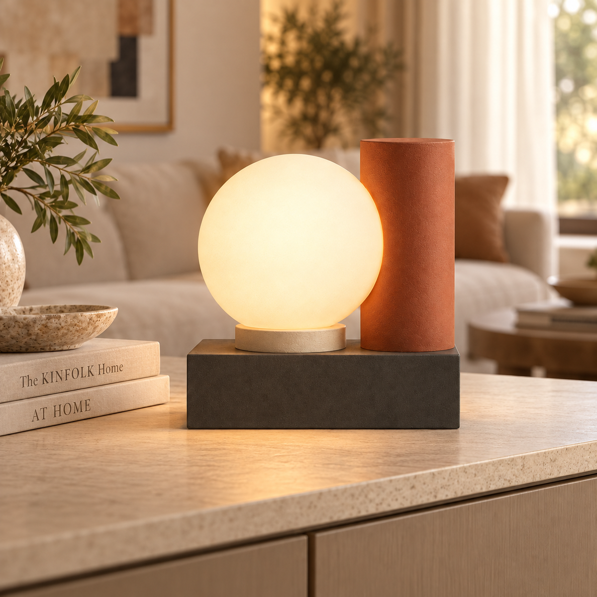 Modern LED Table Lamp with Glowing Orb – Geometric Ambient Light in Warm Natural Tones