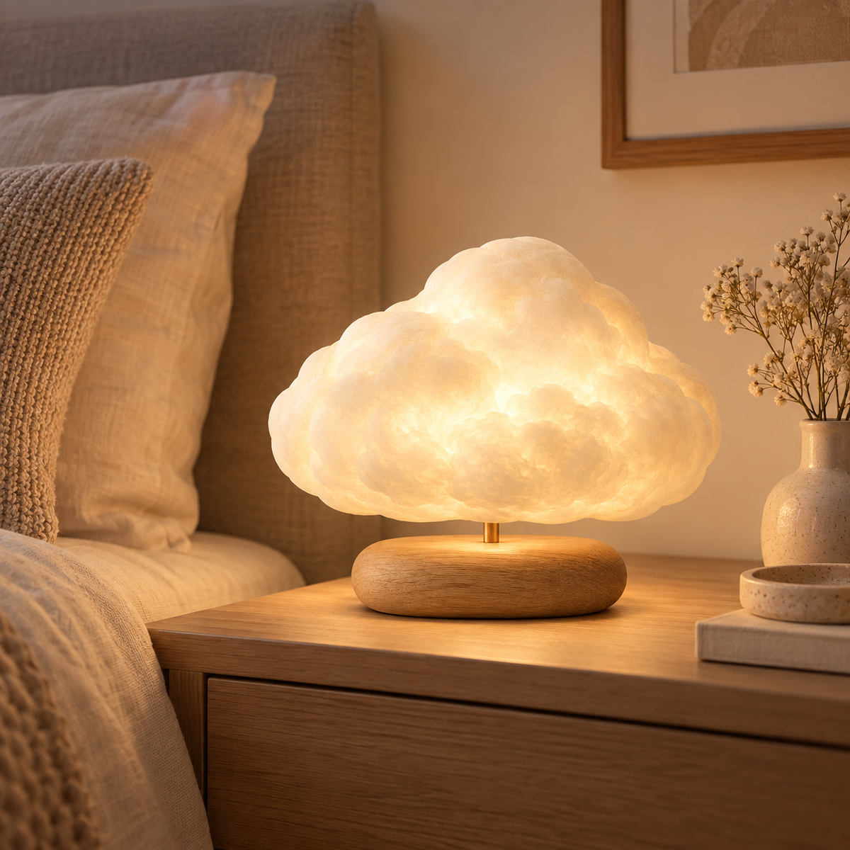 Cloud-Shaped Lamp with Wooden Base – Decorative Ambient Light with a Warm Glow for Bedrooms and Living Rooms