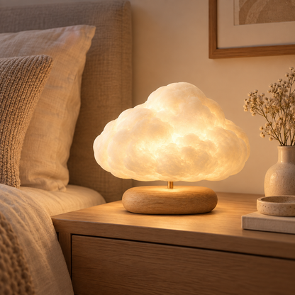 Cloud-Shaped Lamp with Wooden Base – Decorative Ambient Light with a Warm Glow for Bedrooms and Living Rooms