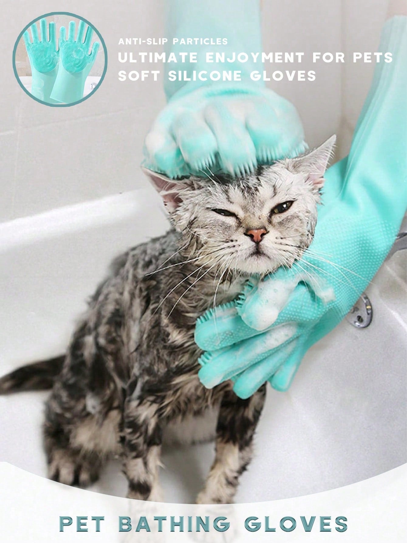 1set Green Pet Bathing Gloves, Dog & Cat Bathing Brush, Silicone Massage Bath Grooming Supplies