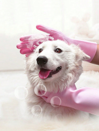 1set Green Pet Bathing Gloves, Dog & Cat Bathing Brush, Silicone Massage Bath Grooming Supplies