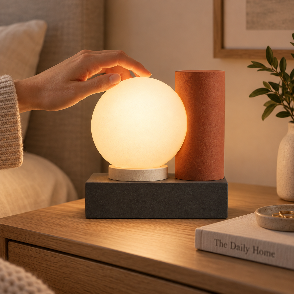 Modern LED Table Lamp with Glowing Orb – Geometric Ambient Light in Warm Natural Tones