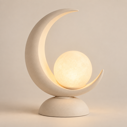 Moon-Shaped LED Table Lamp with Glowing Orb – Decorative Night Light with Warm Ambient Glow