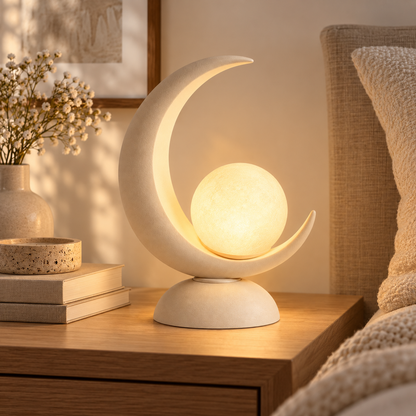 Moon-Shaped LED Table Lamp with Glowing Orb – Decorative Night Light with Warm Ambient Glow