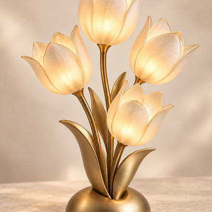 Decorative Gold-Tone LED Tulip Table Lamp – Floral Ambient Light with Four Glowing Blooms