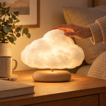 Cloud-Shaped Lamp with Wooden Base – Decorative Ambient Light with a Warm Glow for Bedrooms and Living Rooms