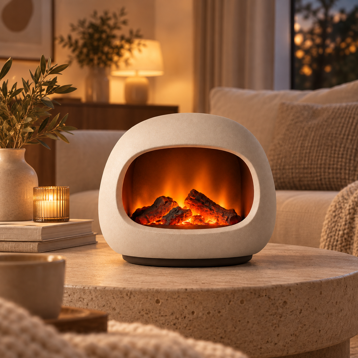 Decorative Cream White LED Fireplace Lamp – Modern Ambient Light with a Cozy Flame Effect